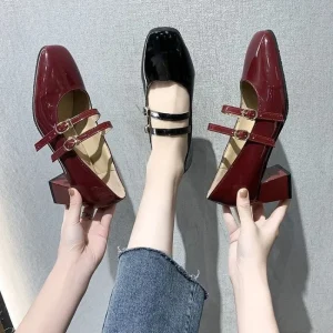 Spring Autumn Women Double Buckle Mary Janes Shoes Patent Leather Dress Shoes High Heels Pumps Retro Ladies Shoe Black Red
