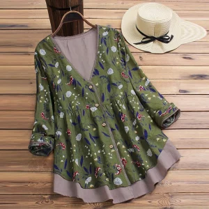 2021 Spring Summer Long Sleeve Cotton Linen Shirt Blouse Women V Neck Fake Two Piece Floal Womens Tops and Blouses Vintage 5XL