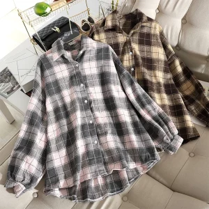 Oversize Thick Plaid Blouse Women Autumn Outwear Jacket Vintage Hit Color Woolen Shirt Womens Tops and Blouses Ladies Loose Top